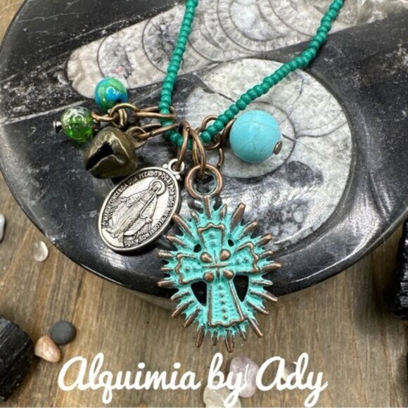 Virgen Mary Cross  Turquoise charms statement necklace - Picture 1 of 7